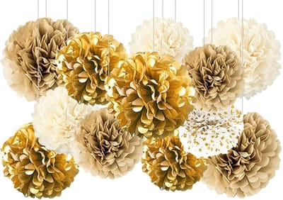 Dailygoods- Pompons 12 Stuks - Gouden Zijdepapier - Papieren Bloemen Decoratie - Wanddecoratie - Bruiloft/Jubileum - Herbruikbaar