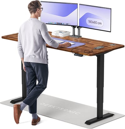 Desktronic HomePro Zit-sta Bureau Elektrisch In Hoogte Verstelbaar, 180x80 cm Massief Notenhout/Zwart, Stille Dubbele Motor, Hoogte 62-126cm