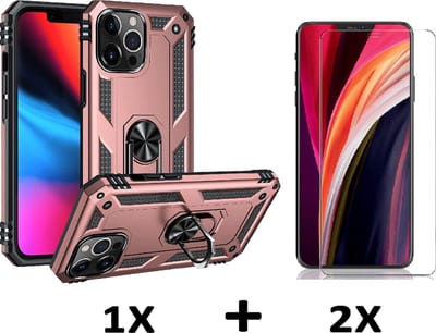 HB Hoesje Geschikt voor Apple iPhone 13 Pro - Rosegoud / 2X Glazen Screenprotector - Anti-Shock Hybrid Armor Back Cover - Hoes met Kickstand Ring