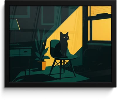 Poster in lijst - Fotolijst 40x30 cm - Posters - Zwarte kat - Mysterieus - Gele instraal - Posterlijst zwart - Decoratie - Wanddecoratie woonkamer - Muurdecoratie slaapkamer