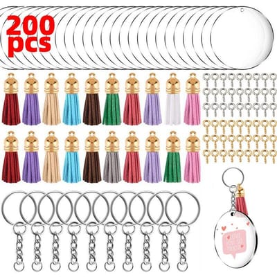 200 stuks Acryl Sleutelhanger Leeg Set Gepolijste Randen Metalen DIY Sleutelhanger Leegtes met Gekleurde Kwastjes goud