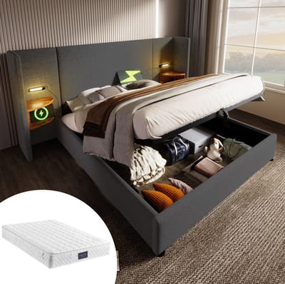 MEUNIQ tweepersoons opbergbed 160x200 met hoofdbord, leeslamp, USB en Type-C, bedframe met lattenbodem en opbergruimte voor slaapkamer, grijs