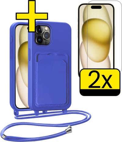 Hoesje Geschikt voor iPhone 14 Pro Telefoonhoesje Met Koord Case Pashouder Met 2x Screenprotector Siliconen - Hoes Geschikt voor iPhone 14 Pro Hoesje Met Kaarthouder - Felblauw