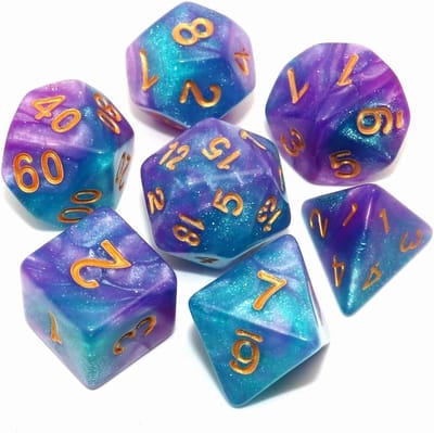 Thijox - DND Dobbelstenen Set Glitter Blauw & Paars - 7 Polyhedral RPG Dobbelstenen voor Kerker & Draak Rollenspellen - Acryl met Gouden Cijfers