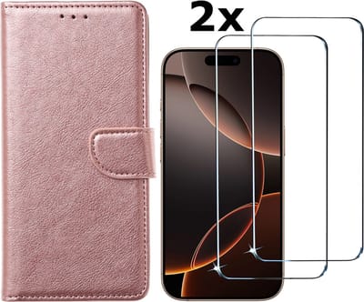 Hoesje Geschikt voor iPhone 16 Pro Max hoesje bookcase met 2 stuks screenprotectors – Rosegoud
