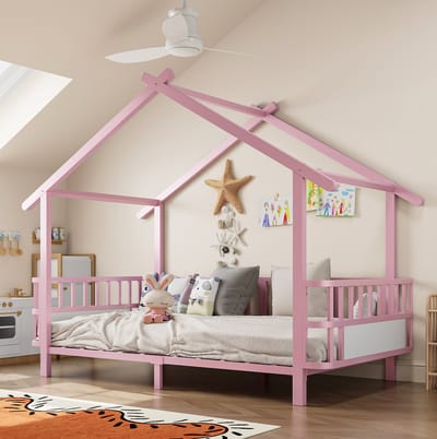 MIVRAY Kinderbed 90x200 cm - Eenpersoonsbed Zonder Matras Met Veiligheidshekken En Huisvormig Dakframe - Metaal - Roze