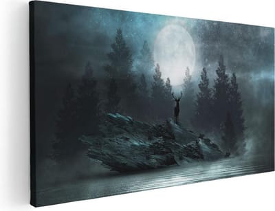 Artaza Canvas Schilderij Hert - 40x20 cm - Klein - Wanddecoratie Volle Maan - Muurdecoratie Bos - Schilderijen Op Canvas Nacht