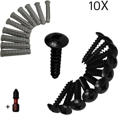 Schroeven Zwart – M6 x 30 mm – 10 stuks – Inclusief 10 Pluggen 8x40 mm en Bitje – Zelftappende Houtschroeven
