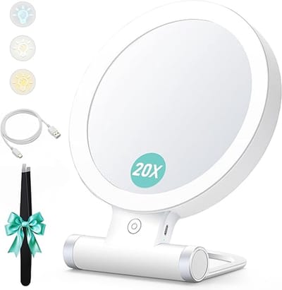 Vergrootspiegel met licht,20X/1X dubbelzijdig tafelblad draagbare verlichte make-up schoonheidsspiegel, 3 kleuren verlichting, dimbaar aanraakscherm