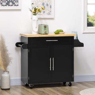 MODFU Keukentrolley - Met Werkblad En Kruidenrek - Verstelbare Plank - Voor Keuken En Eetkamer - Hout - Zwart - 109 X 40 X 89 Cm