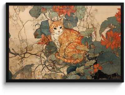 Poster in lijst - Fotolijst 90x60 cm - Posters - Kat - Sierlijk - Bloemen - Posterlijst zwart - Decoratie - Wanddecoratie woonkamer - Muurdecoratie slaapkamer