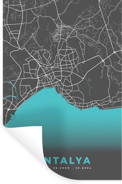 Muurstickers - Sticker Folie - Antalya - Stadskaart - Plattegrond - Kaart - Blauw - 20x30 cm - Plakfolie - Muurstickers Kinderkamer - Zelfklevend Behang - Zelfklevend behangpapier - Stickerfolie