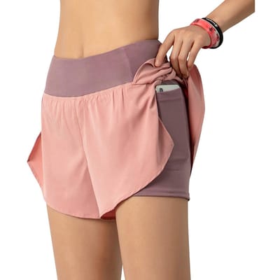 Short de course 2 en 1 pour femme avec poche, large ceinture, couche de couverture, doublure de compression, détente XL rose