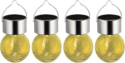 Sunnydays Solar sfeer hanglamp - 4x - tuin - lampenbol - geel - glas - 9 cm - ophang haakje