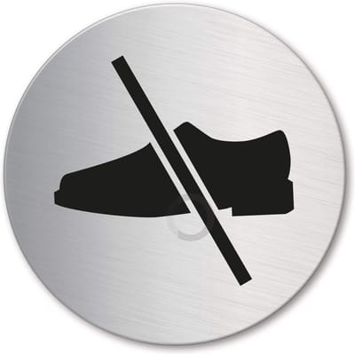 Deurplaat Schoenen Uit - Schoenenzone Bordje - Hygiëne Handhaven - Zelfklevend Roestvrij Staal - Ø 130 mm - Zilver
