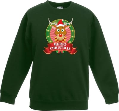 Groene kersttrui met rudolf het rendier jongens en meisjes - Kerstruien kind 98/104