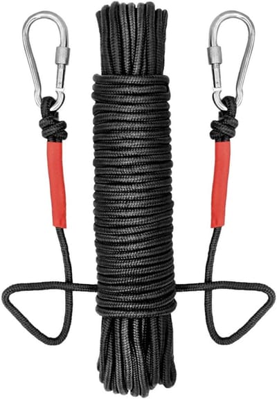 SnelShoppen - Multifunctionele Nylon Touw met 2 Veerhaken - 20m, Zwart, 8mm Dikte, 200kg Laadvermogen - Ideaal voor Magnetvissen, Beveiligen van Goede