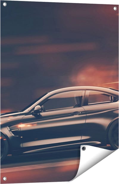 Gards Tuinposter Zwarte Sportwagen Auto met Vlammen - 60x80 cm - Tuindoek - Tuindecoratie - Wanddecoratie buiten - Tuinschilderij