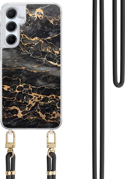 Casimoda® hoesje met koord - Geschikt voor Samsung A15 - Marmer Grijs Brons - Afneembaar koord - TPU/polycarbonaat - Zwart