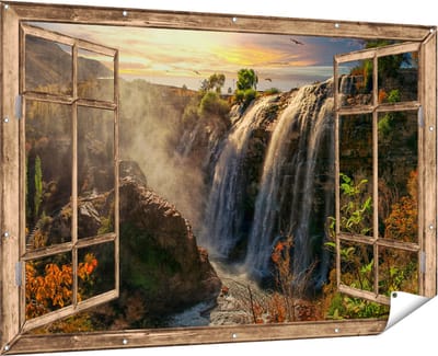 Gards Tuinposter Doorkijk Watervallen vanaf de Kliffen - 180x120 cm - Tuindoek - Tuindecoratie - Wanddecoratie buiten - Tuinschilderij