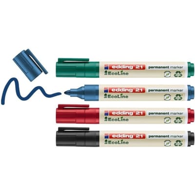 edding 21 EcoLine permanent marker -zwart, rood, blauw, groen - 4 stiften - ronde punt 1,5-3 mm - voor karton, kunststof, hout, metaal, etc. - alcohol markers voor volwassenen