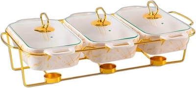 3-in-1 keramische buffetwarmerset, buffetverwarmer, verwarmingselementen voor levensmiddelen, buffet en warmterset met glazen deksel voor verjaardag, bruiloft, wit