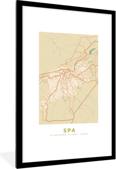Fotolijst incl. Poster - Spa - Kaart - België - Stadskaart - Plattegrond - 80x120 cm - Posterlijst