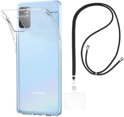 Set met hoesje en nekband voor Samsung Galaxy s20 - Flexibele, transparante TPU-bescherming, verstelbare universele nekband voor mobiele telefoons, zwarte nekband, transparante draagriem van Phonillico®