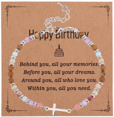 NTH products- Kruisarmband Turquoise - Verjaardagskaart - Christelijk Geloof - Sieraden Cadeau - 20x0,46 cm - Betrouwbaar Materiaal - Geloofsarmband