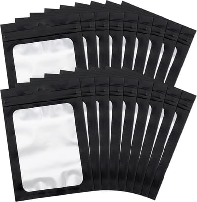 Hersluitbare Mylar Zakken 9.5 x 12cm - 100 Stuks Zwart met Transparant Venster voor Verpakking van Sieraden, Kleding en Accessoires