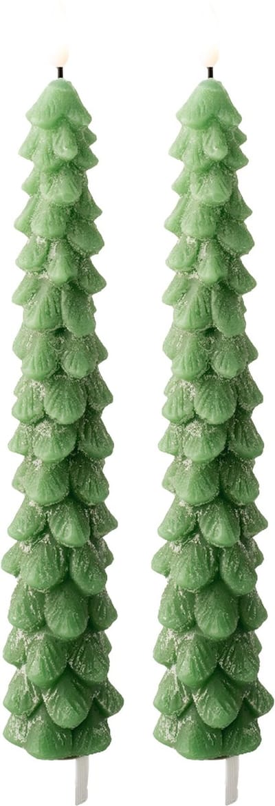 Lumineo LED kerstboom dinerkaars - 2x - groen - 29 cm - batterijen - timer - kerstdiner kaars - kaarsen - kerstkaarsen kerstdiner