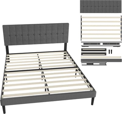 Moderne Gestoffeerde Bed 160 x 200 cm met Hoofdeinde, Dubbelbed voor Volwassenen, Platform Bed met Houten Lattenbodem - Donkergrijs