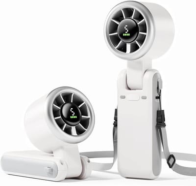 GELLDG Draagbare turboventilator - 5 windsnelheden - Ingebouwde oplaadbare batterij - Kan in de hand, met nekband of op een bureau worden gebruikt - Tot 12 uur batterijduur - Geschikt voor reizen, kantoor en buitenactiviteiten - Wit