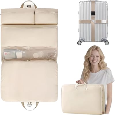 Daity 1 Stuk - 6-in-1 Hangende Pakkubussen — Kledinghoezen voor Reizen en Opslag — Reistassen voor Kleding met 5 Effen Kleurige Vakken en 1 Bagageriem — Opbergtassen voor Kleding, Sokken en Ondergoed (voor Handbagagekoffers) — Khaki