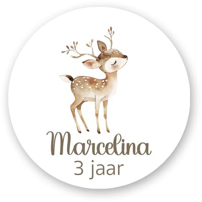 25x Traktatiestickers Hert met Naam en Leeftijd – 4 cm Rond – Gepersonaliseerde Kindertraktatie – Bosdieren Thema