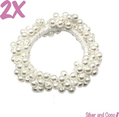 SilverAndCoco® - 2 Parel Elastieken Glitter Haarstrik / Dik Elastiek met Glitters Steentjes Parels Scrunchie / Glamour Diadeem Haarelastieken Diamantjes Dames / Pearl Kerst Feest Oud en Nieuw Haarbanden Diamand Breed - 2 Stuks Wit