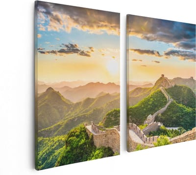 Artaza Canvas Schilderij Tweeluik De Chinese Muur door de Bergen met Zon - 80x60 - Foto Op Canvas - Canvas Print