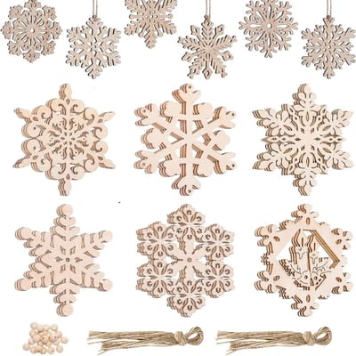 Houten kersthangers set van 18 stuks, sneeuwvlokken voor kerstboomversiering, DIY knutselen en cadeauhangers met 12-kleurige waterverfstift