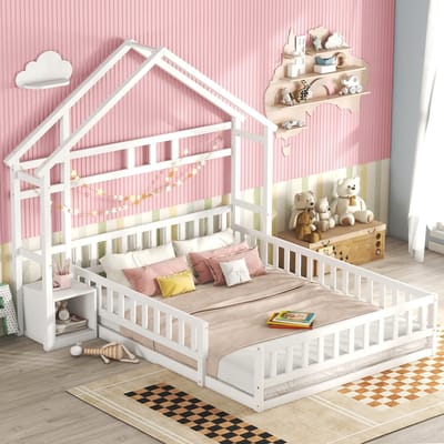 Sweiko Sweiko Kinderbed - 140 x 200cm - met Uitvalbeveiliging - Huisbed - met Nachtkastje - Zonder matras - Wit