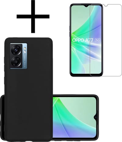 Hoesje - Met Screenprotector - Geschikt voor OPPO A77 - Sterk & Shockproof - Back Cover - Siliconen Case - Telefoon Hoes - Zwart