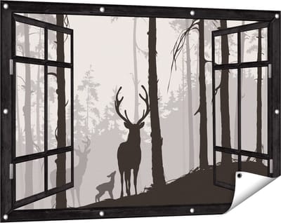 Gards Tuinposter Doorkijk Herten in het Bos - Silhouet - 120x80 cm - Tuindoek - Tuindecoratie - Wanddecoratie buiten - Tuinschilderij