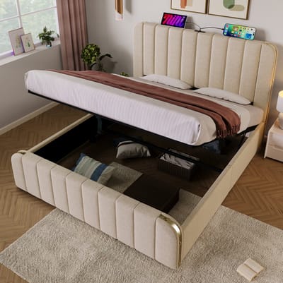 MEUNIQ tweepersoons opbergbed 140x200 cm met hydraulische opbergruimte, USB en USB-C in hoofdbord, gestoffeerd bedframe met lattenbodem voor slaapkamer, beige