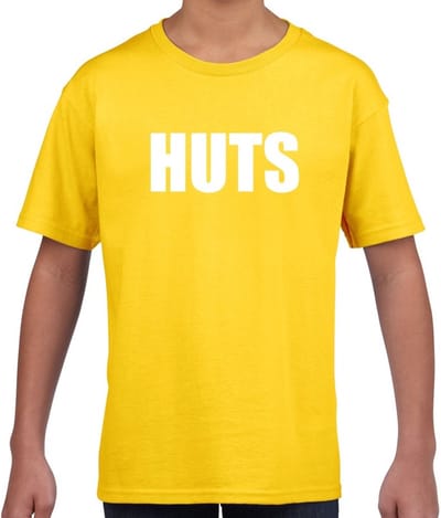 HUTS tekst t-shirt geel kids - feest shirt HUTS voor kids 122/128