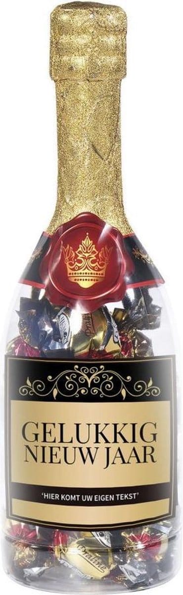 Snoep - Champagnefles - Gelukkig Nieuw Jaar - Gevuld met Snoep - In cadeauverpakking met gekleurd lint