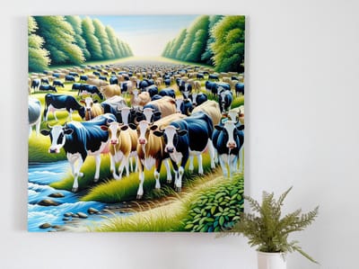 Acryl koeien schilderij | Kleurrijke koeien dansen in de velden van abstracte acryl | Kunst - 100x100 centimeter op Dibond | Foto op Dibond