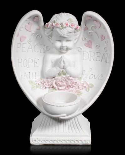 Theelichthouder met harten en rozen, 17,5 cm, kunststeen, handbeschilderd met Peace Hope Dream Faith Love, belettering