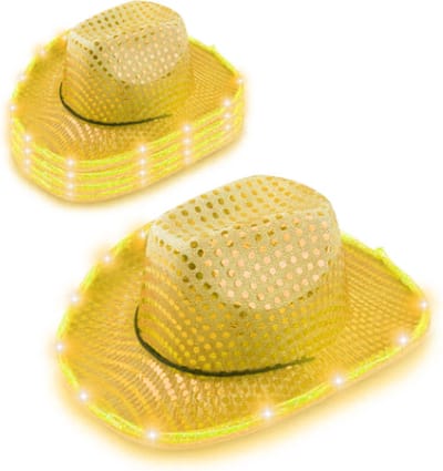 Cowboyhoed Geel met LED verlichting. Bruiloft / Vrijgezellenfeest / Formule 1 / Toppers / Pride / Carnaval / Foute Party