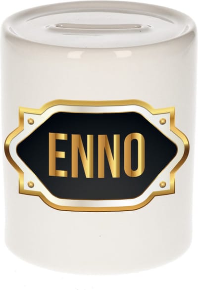 Spaarpot met voornaam Enno - wit - met goud/zwart embleem - 8 x 9 cm - keramiek - met afsluitdop - cadeau verjaardag