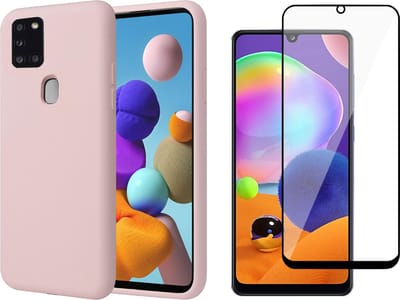 Hoesje geschikt voor Samsung Galaxy A21s - Liquid Siliconen Case Roze + Screen Protector Full