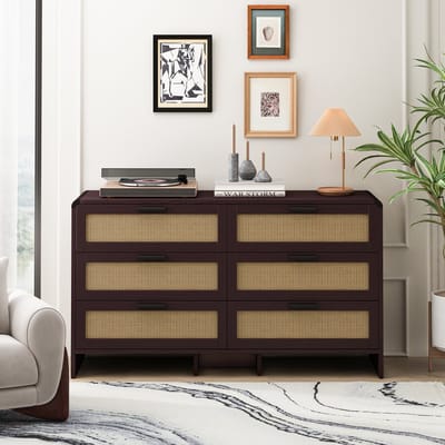 Ladekast - 130 cm - Boogvormige Hoekkast met Rattan - 6 Laden voor Woonkamer - Rattan - Bruin